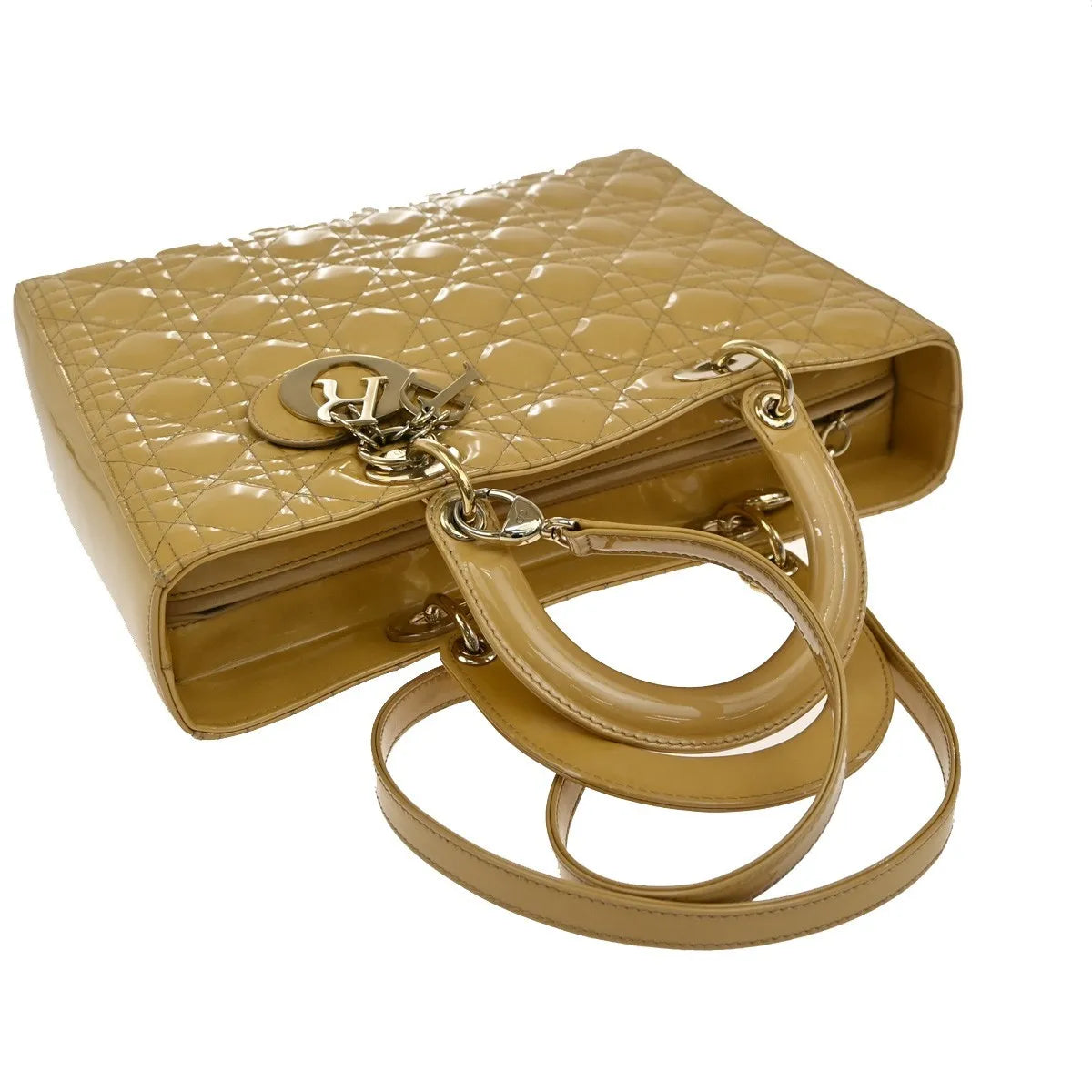Christian Dior Lady Dior Cannage Quilt Patent, Yellow, Patent Leather, Handbag