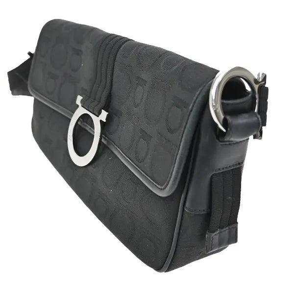Salvatore Ferragamo Gancini Canvas, Black, Canvas, Shoulder Bag