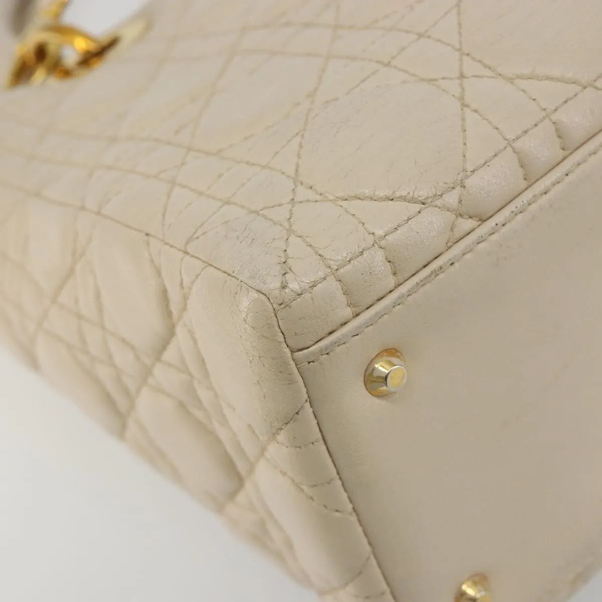 Christian Dior Lady Dior Cannage Quilt Lambskin, Beige, Leather, Handbag