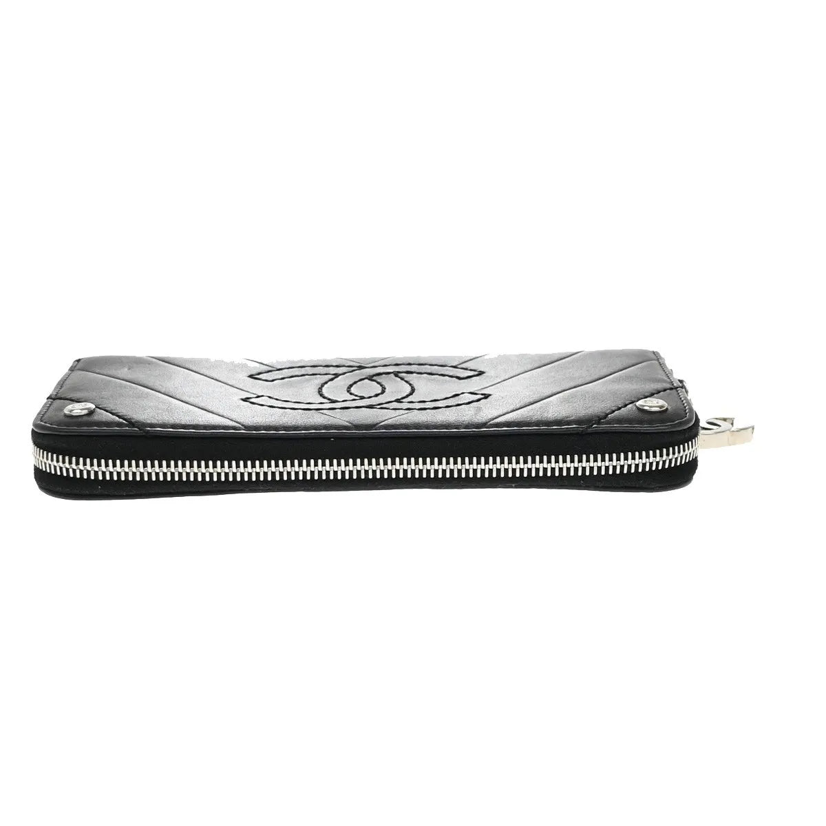 Chanel CC Charm Zip Around Quilted Lambskin, Black, Leather, Wallet
