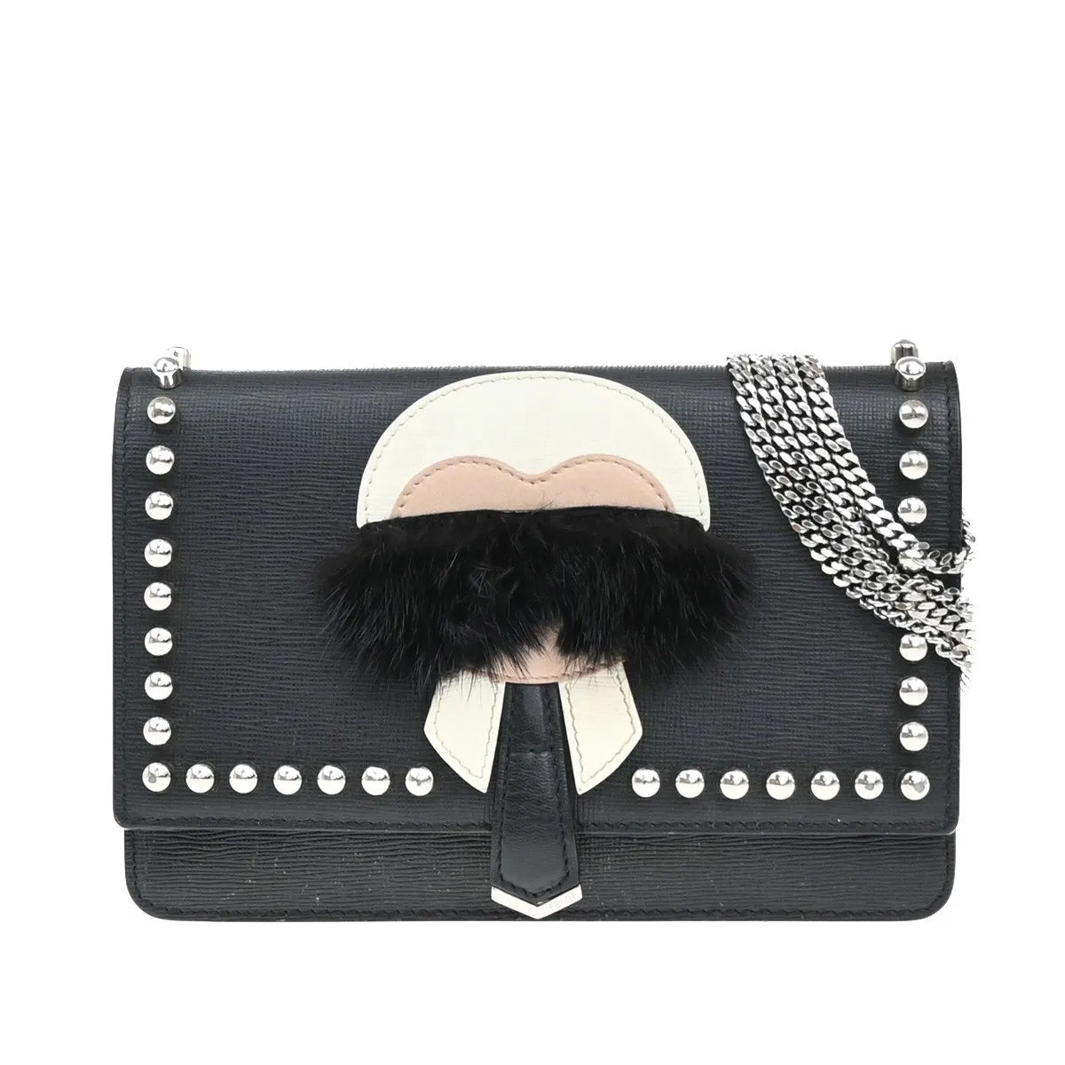 Fendi Karlito Wallet on Chain Studded Saffiano Leather, Black, Leather, Shoulder Bag
