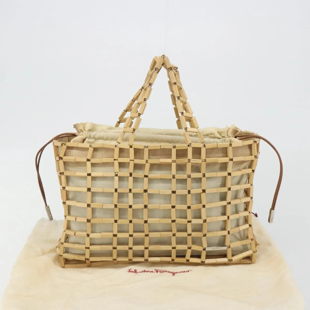 Salvatore Ferragamo Wood Mesh Drawstring canvas, Beige, Canvas, Handbag