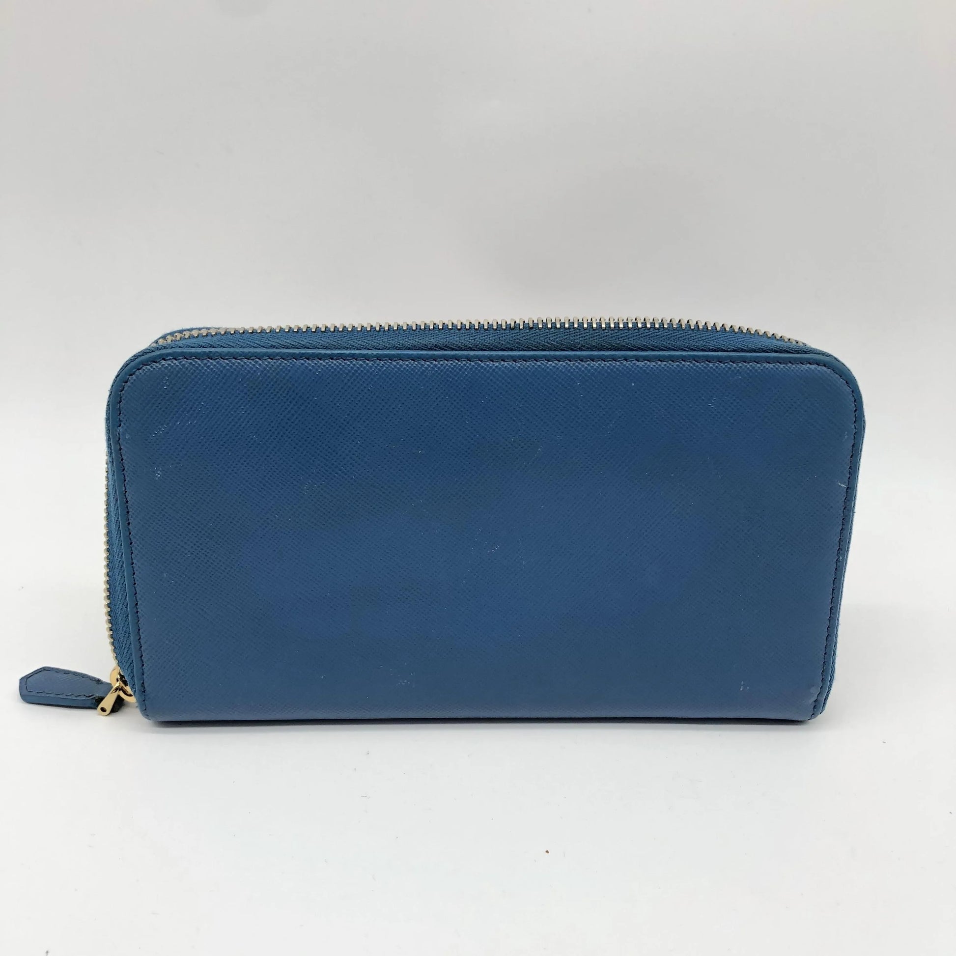 Prada Zip Around Tab Saffiano Leather, Blue, Leather, Wallet