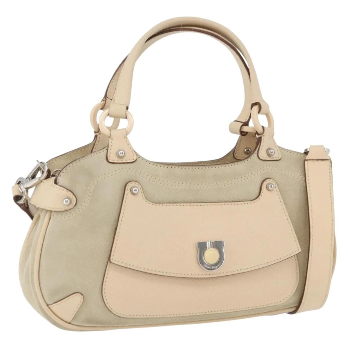 Salvatore Ferragamo Gancini Suede, Beige, Suede, Handbag