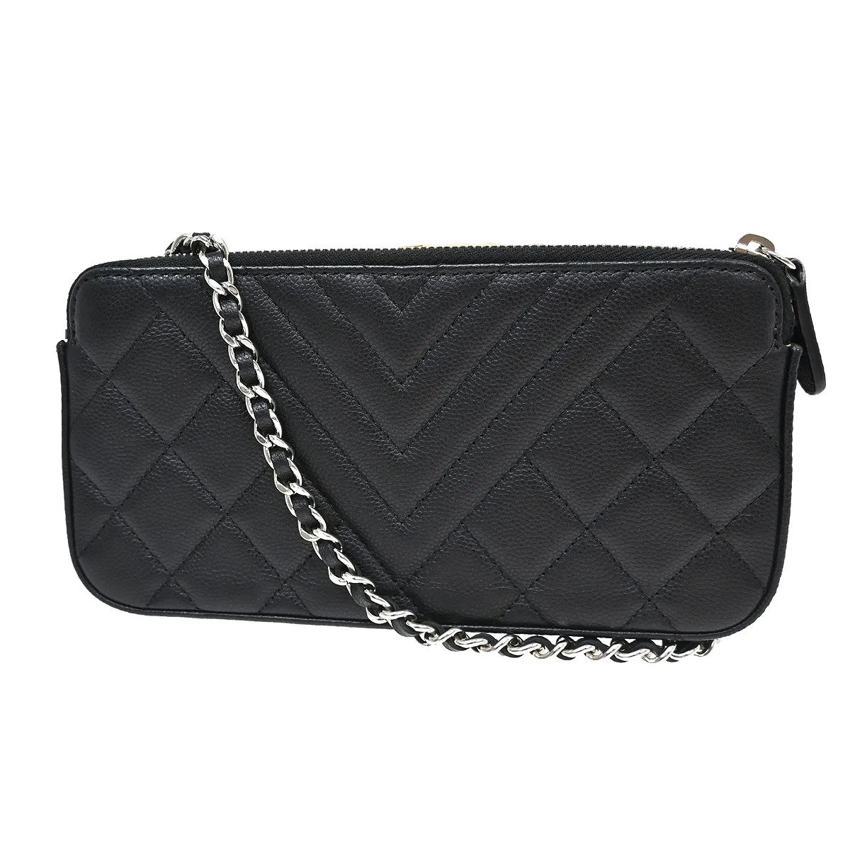 Chanel Diamond CC Double Zip Clutch with Chain Quilted Lambskin, Black, Leather, Shoulder Bag