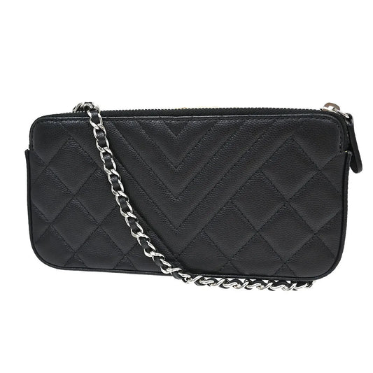 Chanel Diamond CC Double Zip Clutch with Chain Quilted Lambskin, Black, Leather, Shoulder Bag