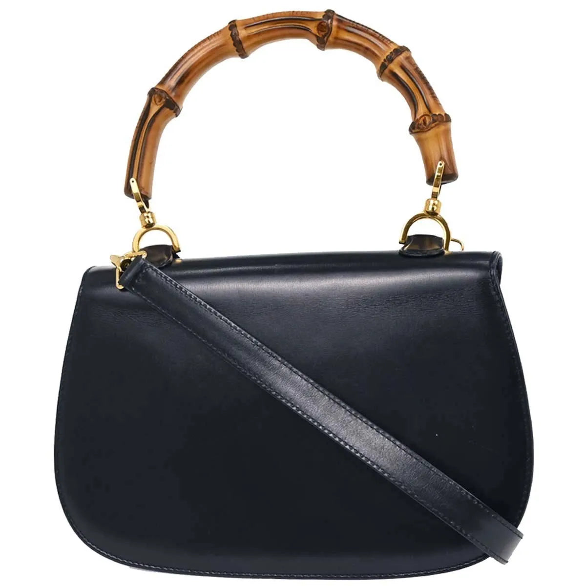 Gucci Vintage Convertible Bamboo Top Handle Leather, Navy, Leather, Handbag