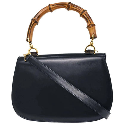 Gucci Vintage Convertible Bamboo Top Handle Leather, Navy, Leather, Handbag