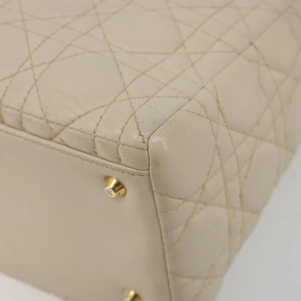 Christian Dior Lady Dior Cannage Quilt Lambskin, Beige, Leather, Handbag