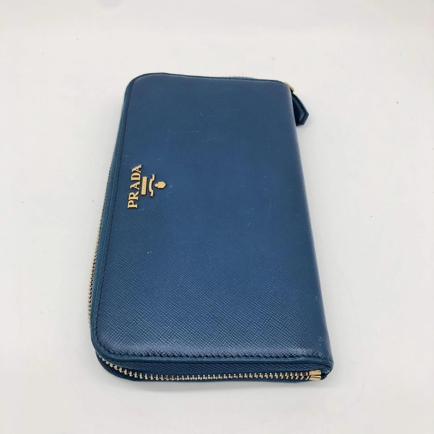 Prada Zip Around Tab Saffiano Leather, Blue, Leather, Wallet