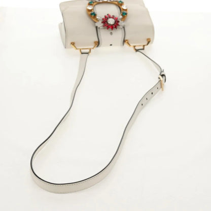 Miu Miu Madras Crystal Buckle Leather, White, Leather, Shoulder Bag