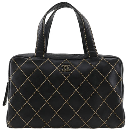 Chanel Surpique Boston Quilted Leather, Black, Leather, Handbag