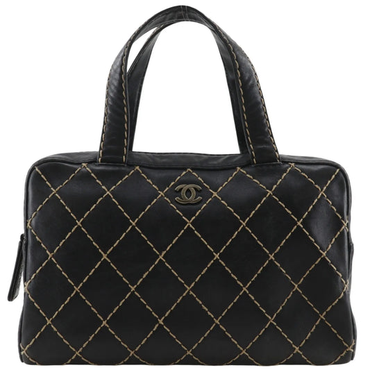 Chanel Surpique Boston Quilted Leather, Black, Leather, Handbag