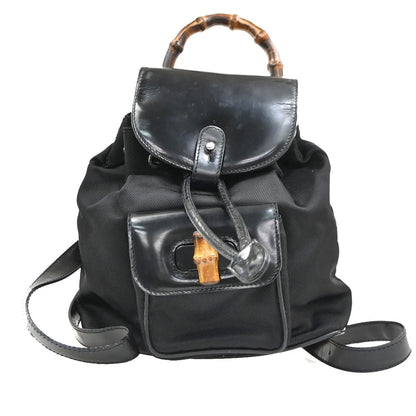 Gucci Vintage Bamboo Nylon and Patent Leather, Black, Nylon, Backpack