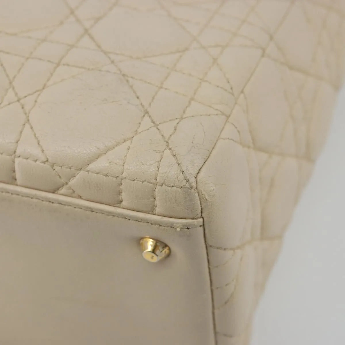 Christian Dior Lady Dior Cannage Quilt Lambskin, Beige, Leather, Handbag