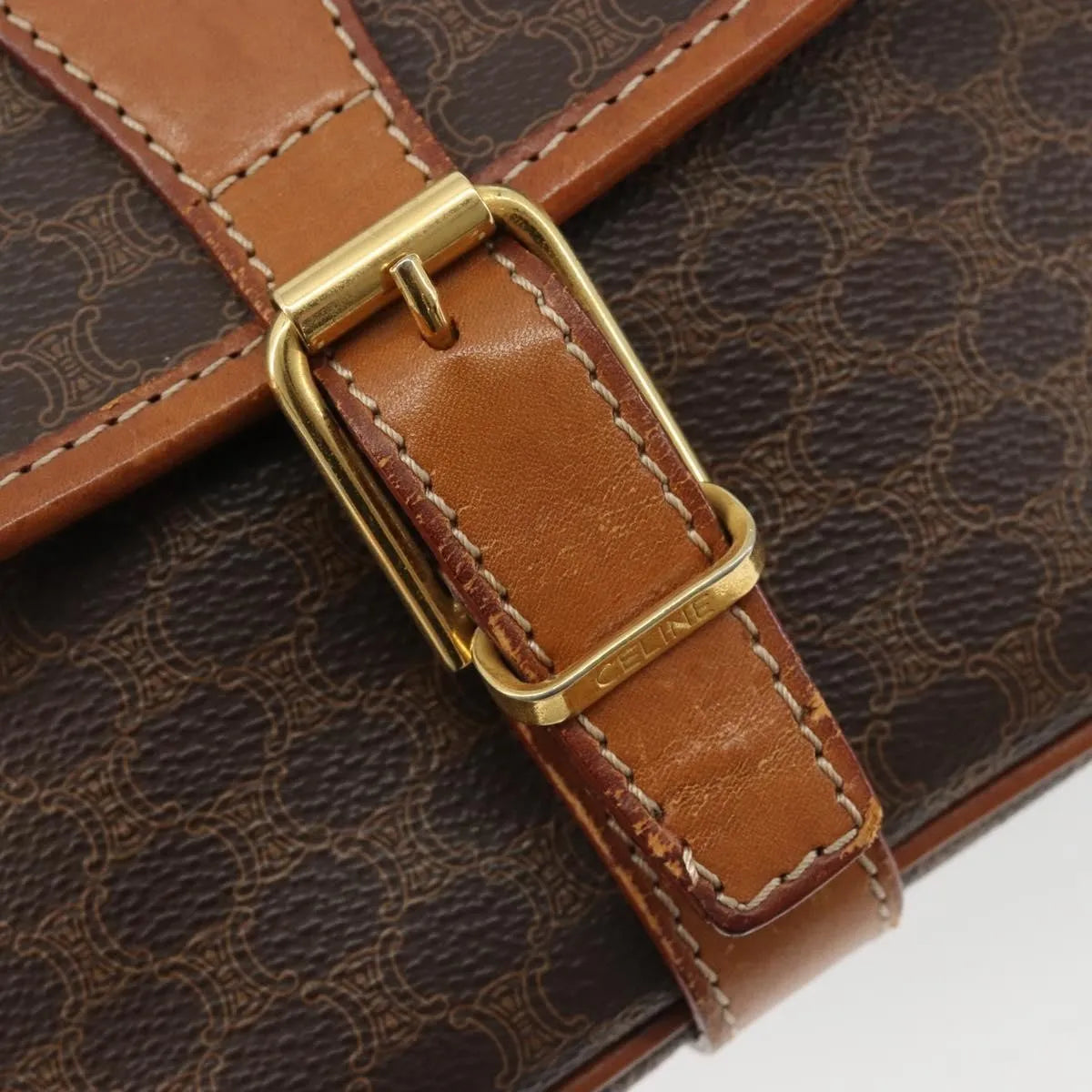Celine Vintage Macadam Canvas and Leather, Brown, Canvas, Shoulder Bag