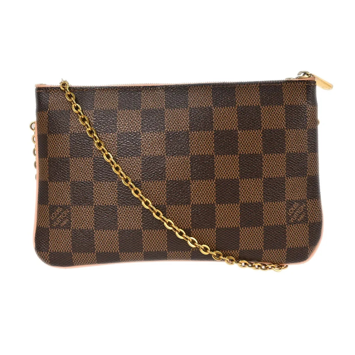 Louis Vuitton Double Zip Pochette Damier Ebene, Brown, Canvas, Clutch