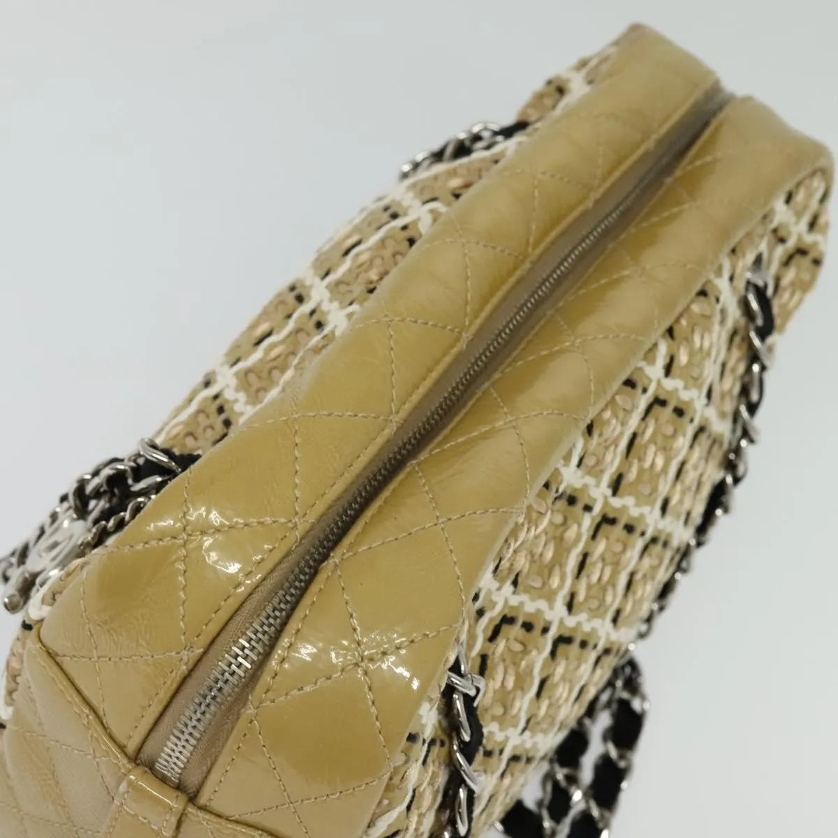 Chanel Camera Case Woven Stitch Patent, Beige, Glass, Shoulder Bag