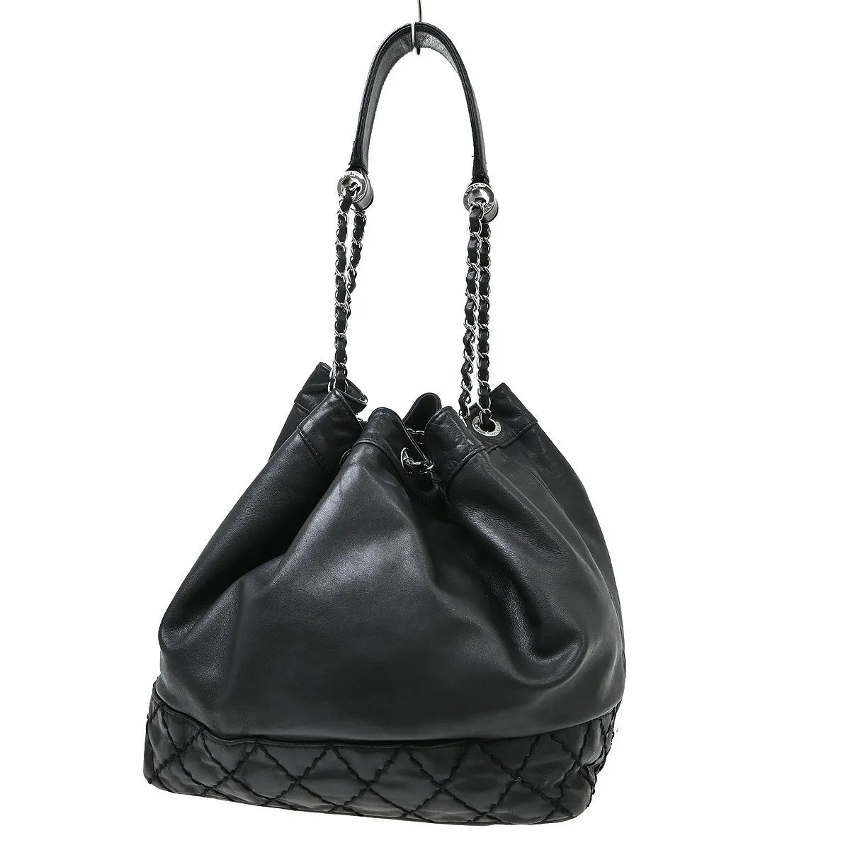 Chanel Vintage CC Drawstring Bucket Lambskin, Black, Leather, Shoulder Bag