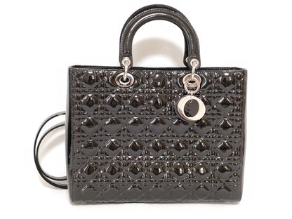 Christian Dior Lady Dior Patent, Black, Patent Leather, Handbag