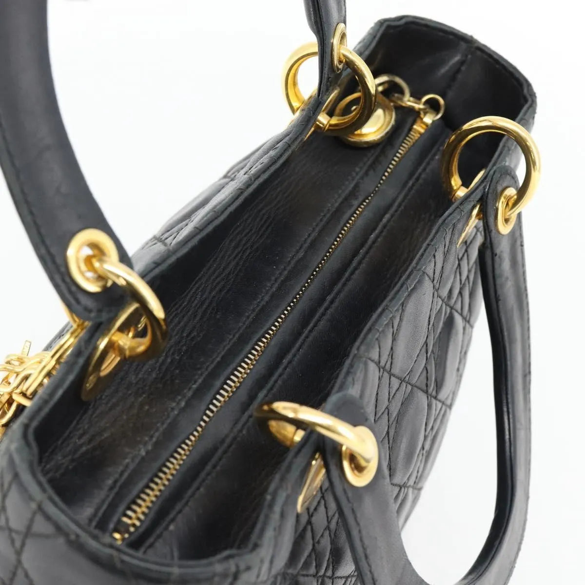 Christian Dior Vintage Lady Dior Cannage Quilt Lambskin, Black, Leather, Handbag