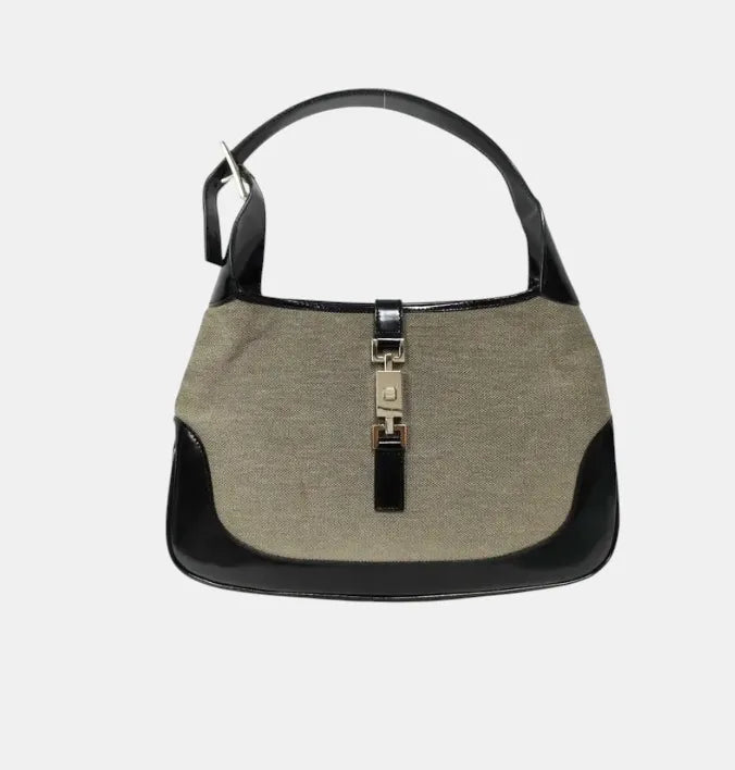 Gucci Vintage Jackie Shoulder Canvas and Leather, Beige, Canvas, Handbag