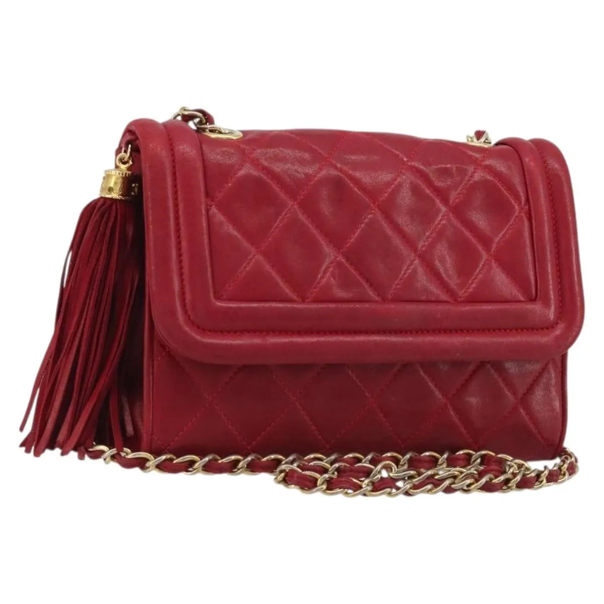 Chanel Vintage Tassel Flap Quilted Lambskin, Red, Leather, Shoulder Bag