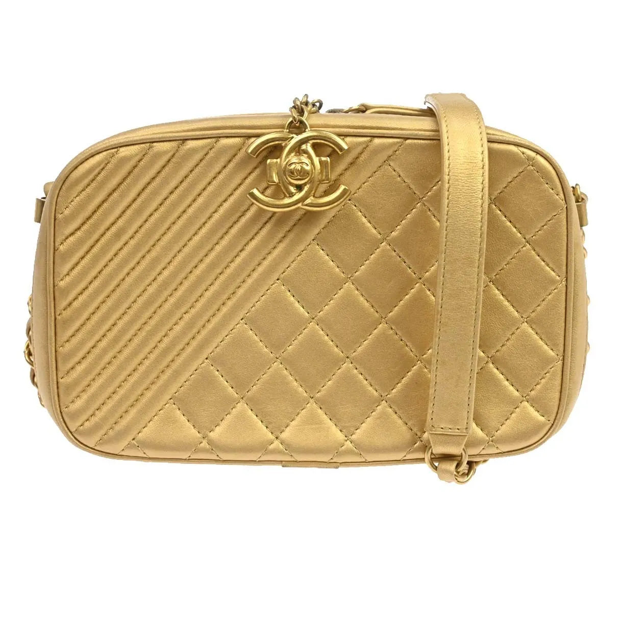 Chanel Coco Boy Camera Quilted Leather, Gold, Leather, Shoulder Bag