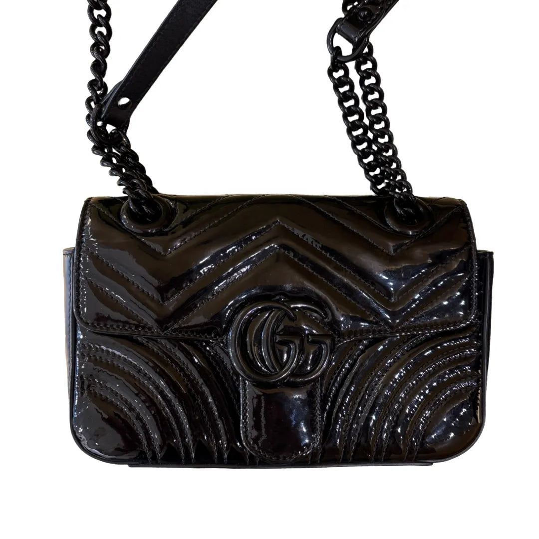 Gucci GG Marmont Flap Matelasse Patent, Black, Leather, Shoulder Bag