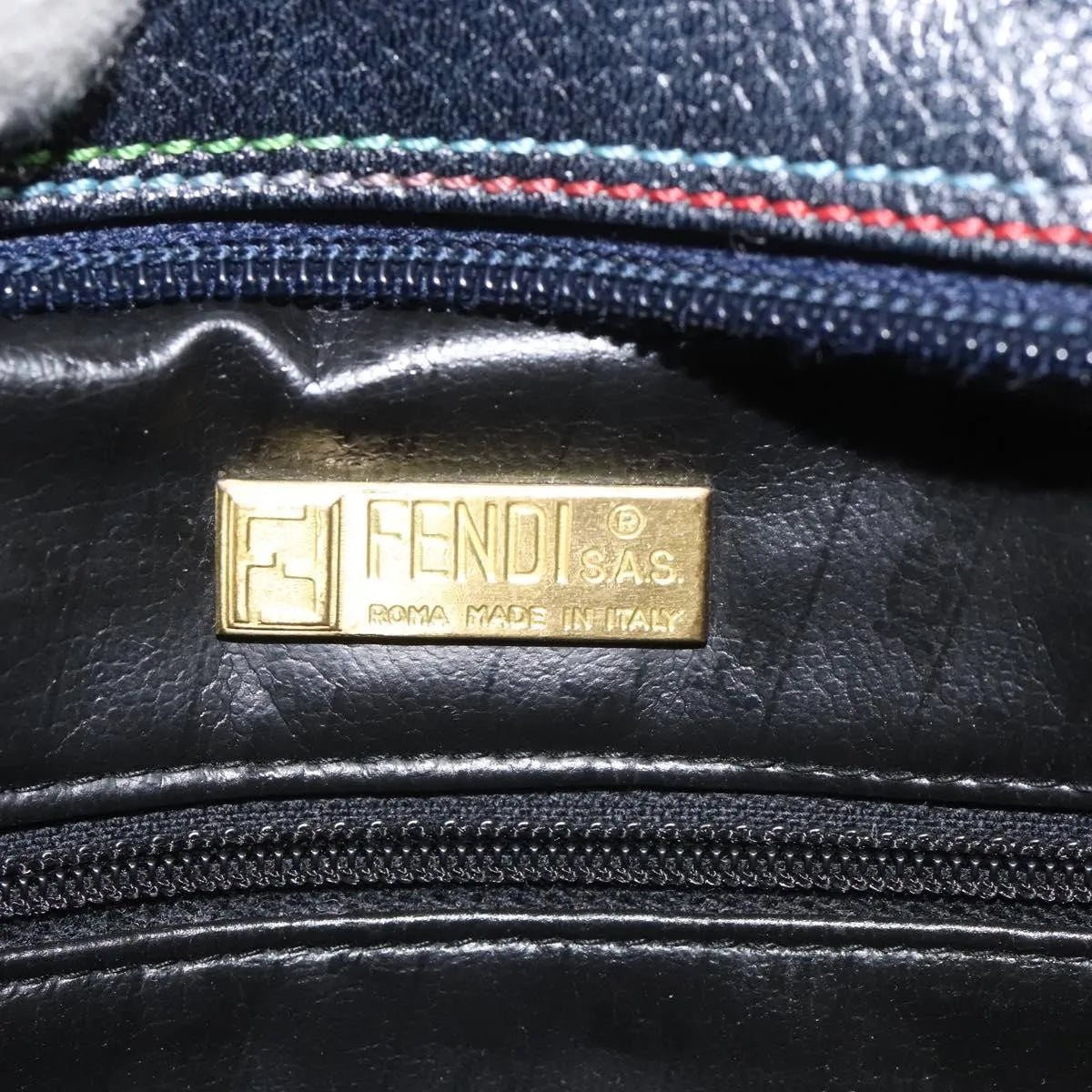 Fendi Vintage Zip Leather, Navy, Leather, Shoulder Bag