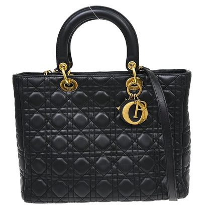 Christian Dior Vintage Lady Dior Cannage Quilt Lambskin, Black, Leather, Handbag
