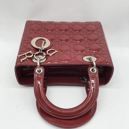Christian Dior Vintage Lady Dior Cannage Quilt Patent, Burgundy, Patent Leather, Handbag