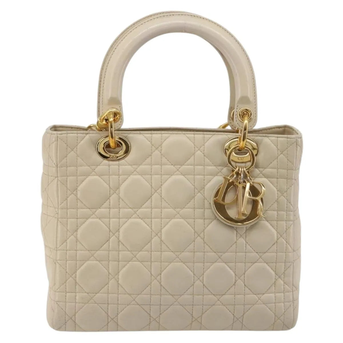 Christian Dior Lady Dior Cannage Quilt Lambskin, Beige, Leather, Handbag