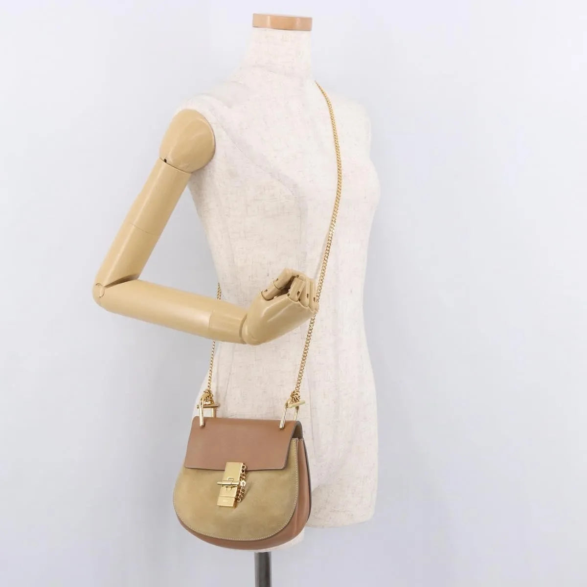 Chloe Drew Shoulder Leather, Beige, Suede, Handbag