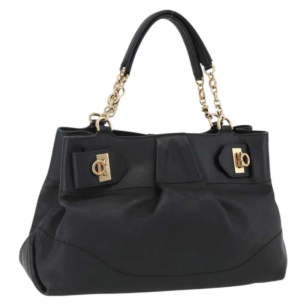 Salvatore Ferragamo W Chain Tote Leather, Black, Leather, Handbag