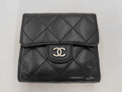 Chanel Trifold Flap Lambskin, Black, Leather, Wallet