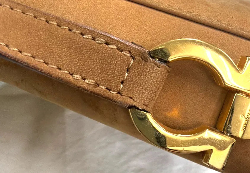 Salvatore Ferragamo Gancini Flap Suede, Beige, Suede, Shoulder Bag