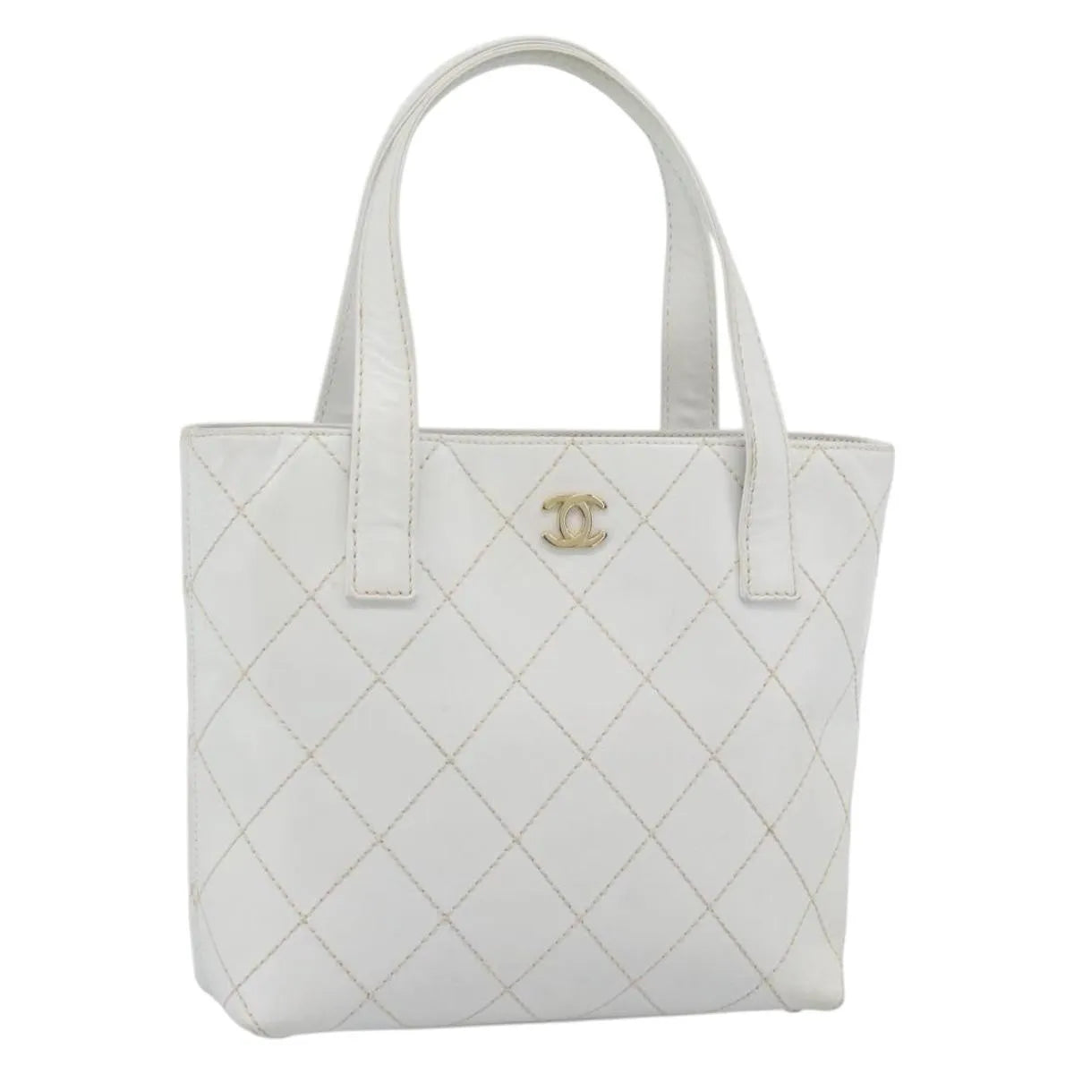 Chanel Surpique Tote Quilted Leather, White, Leather, Tote Bag