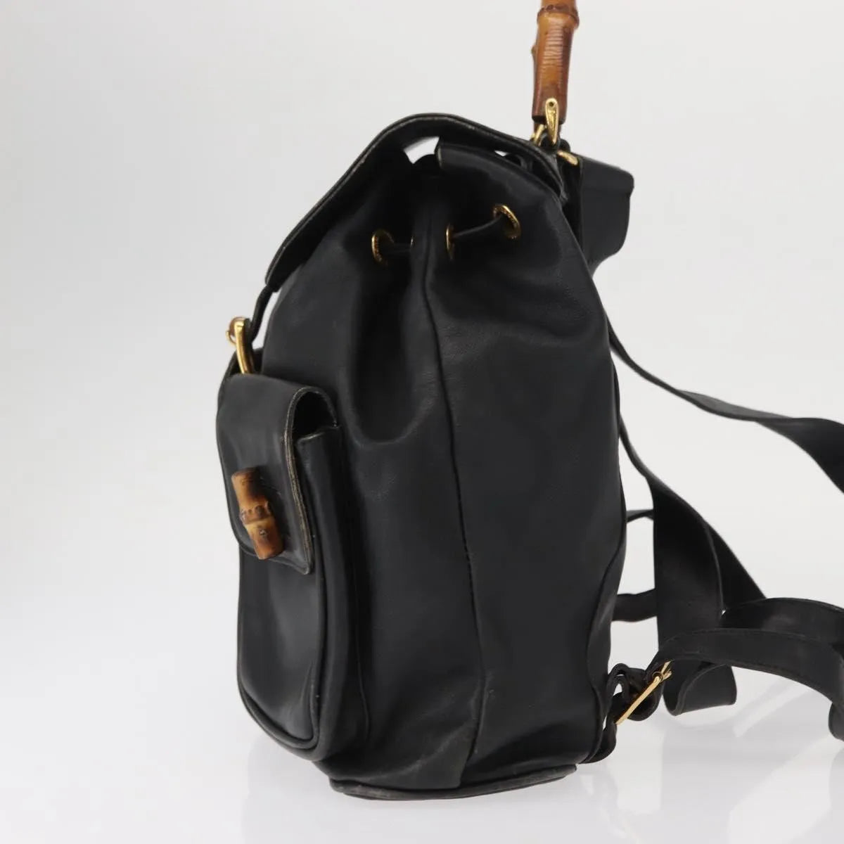 Gucci Vintage Bamboo Leather, Black, Leather, Backpack