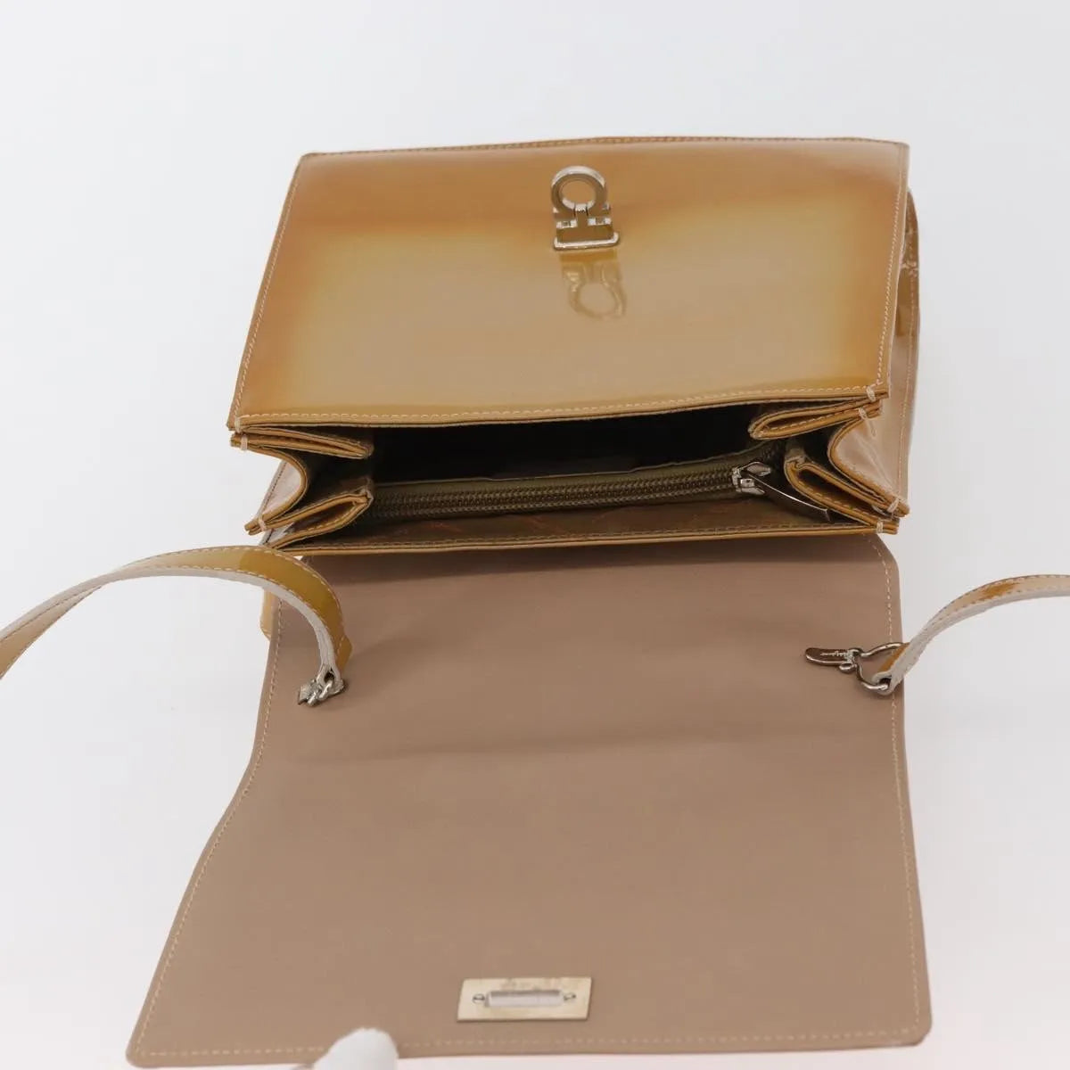 Salvatore Ferragamo Gancini Patent Leather, Beige, Patent Leather, Handbag