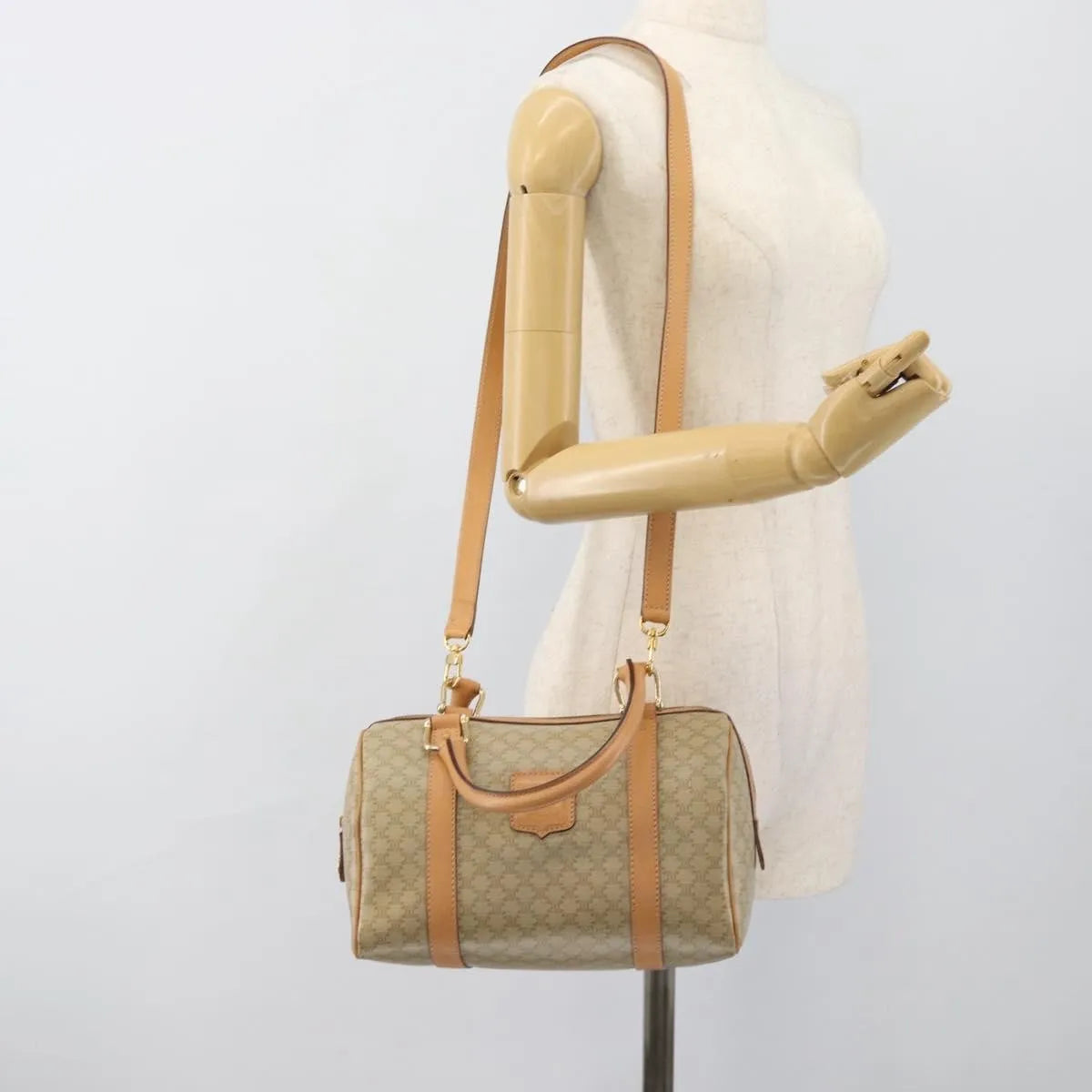 Celine Vintage Macadam Boston Canvas, Beige, Canvas, Handbag