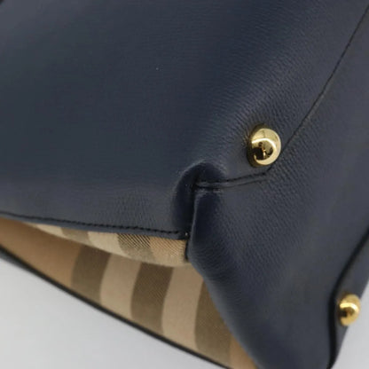 Burberry Banner Tote Leather and House Check Canvas, Navy, Leather, Handbag