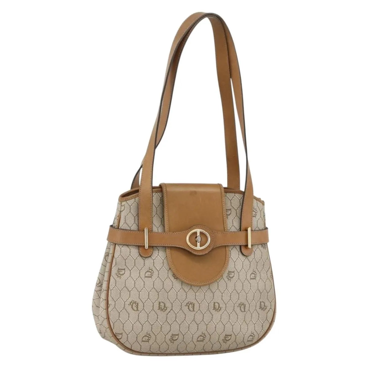 Christian Dior Vintage Honeycomb Canvas and Leather, Beige, Canvas, Shoulder Bag