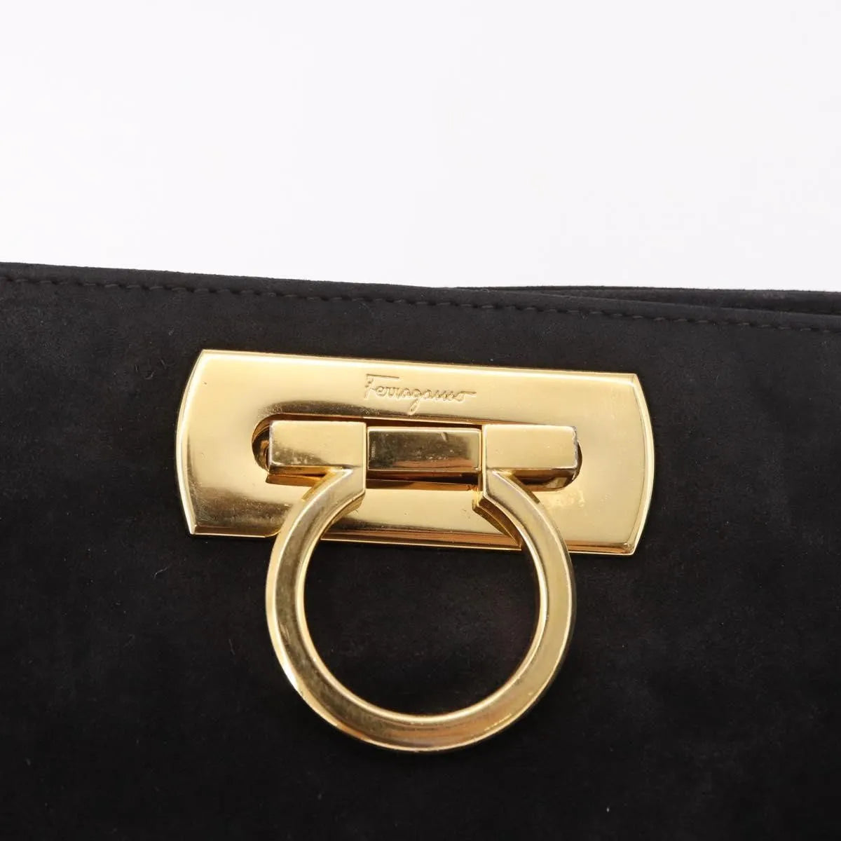 Salvatore Ferragamo Gancini Chain Suede, Black, Suede, Shoulder Bag