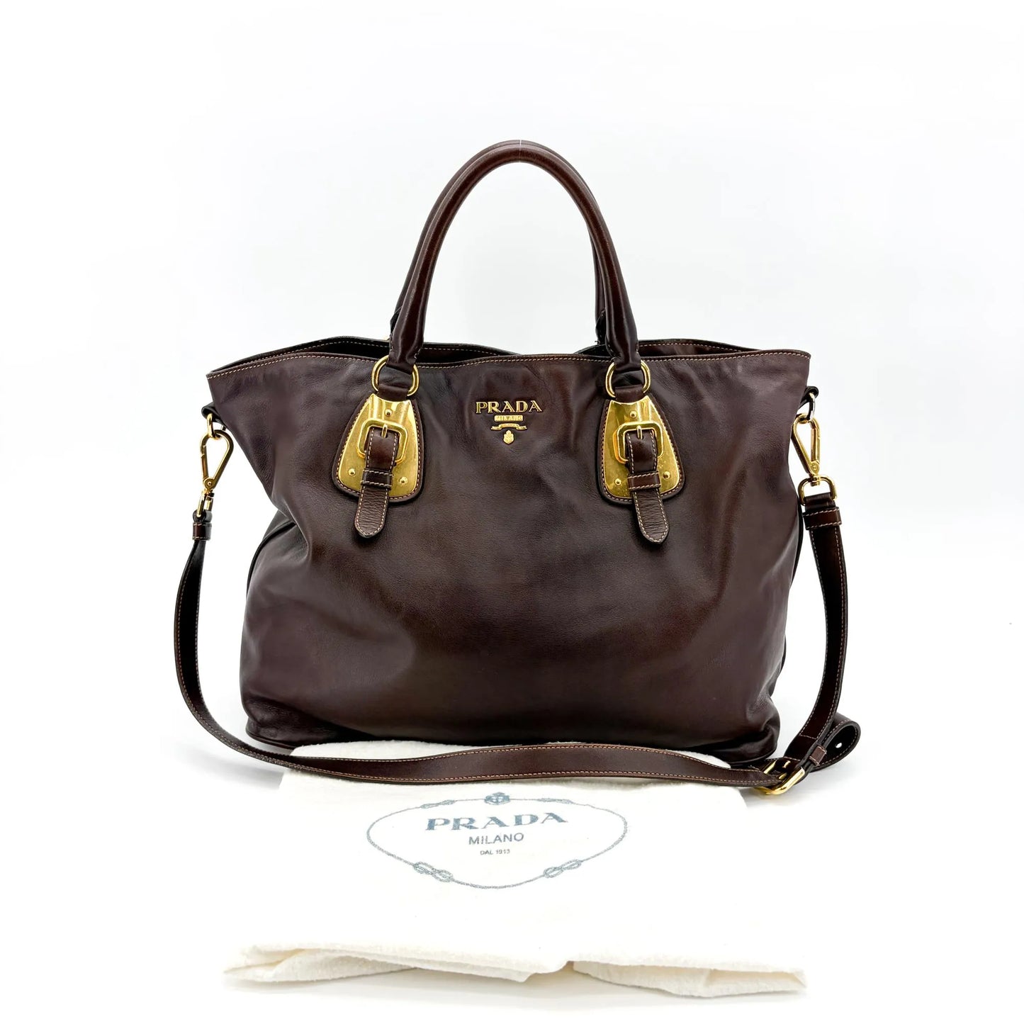 Prada Buckle Tote Vitello Daino, Brown, Leather, Handbag