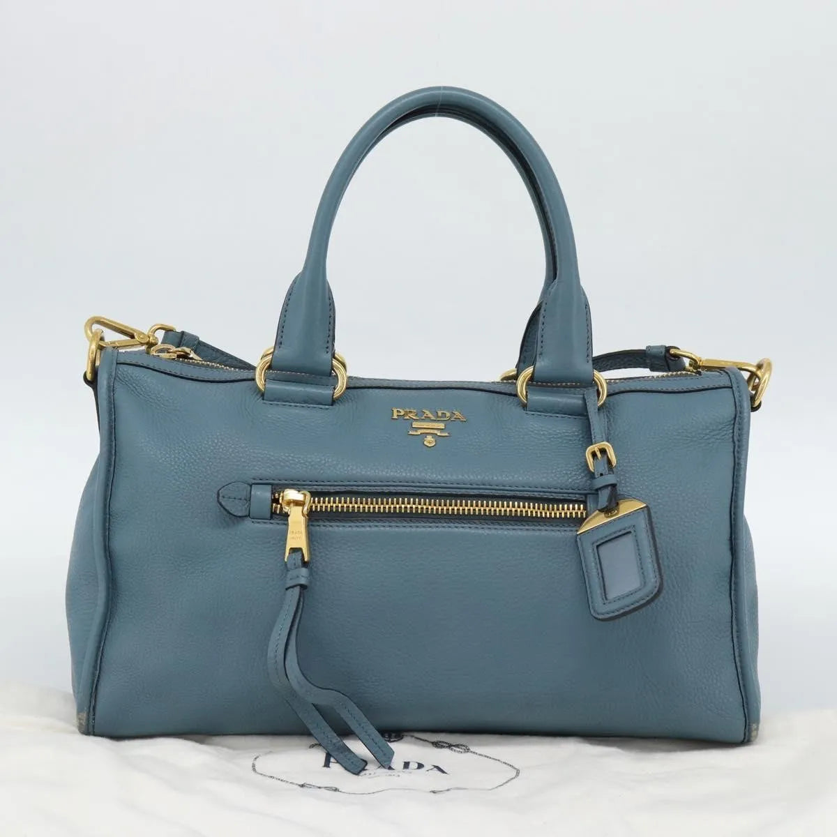 Prada Front Zip Convertible Satchel Vitello Phenix, Blue, Leather, Handbag
