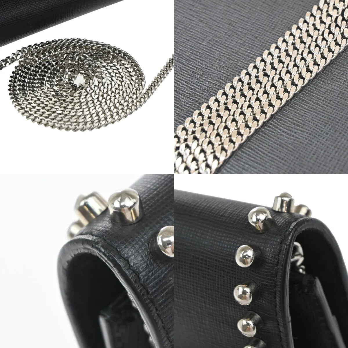 Fendi Karlito Wallet on Chain Studded Saffiano Leather, Black, Leather, Shoulder Bag