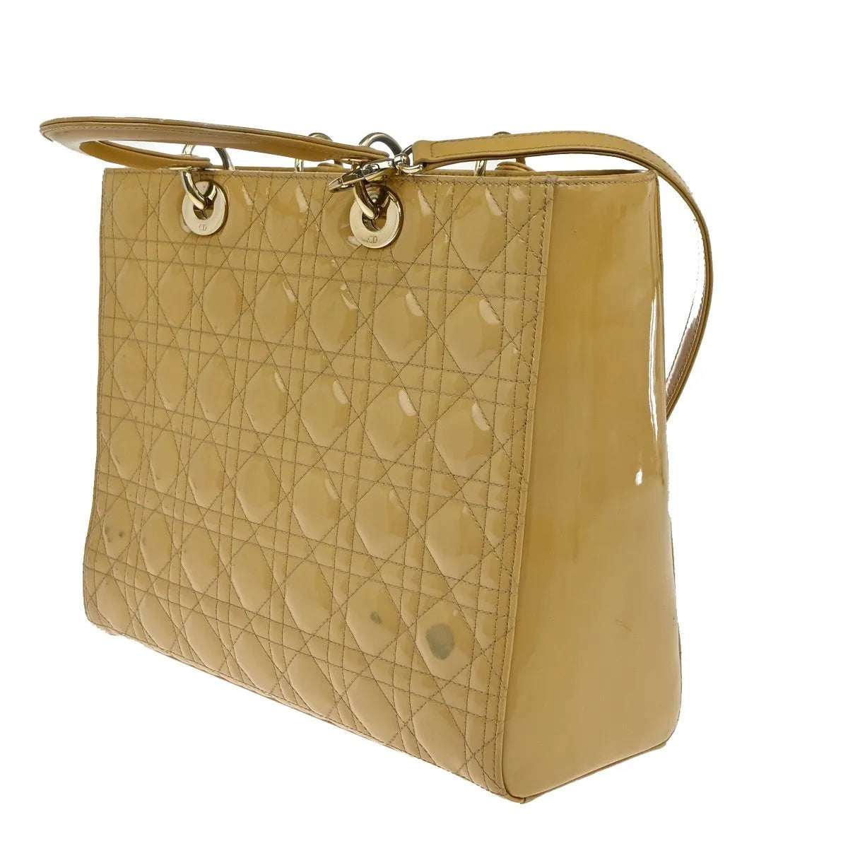 Christian Dior Lady Dior Cannage Quilt Patent, Yellow, Patent Leather, Handbag