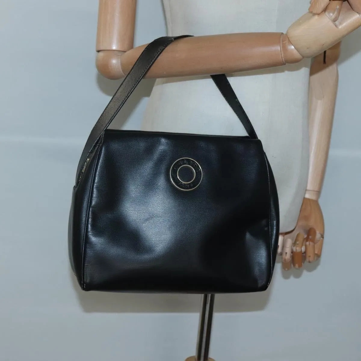 Celine Circle Logo Leather, Black, Leather, Handbag