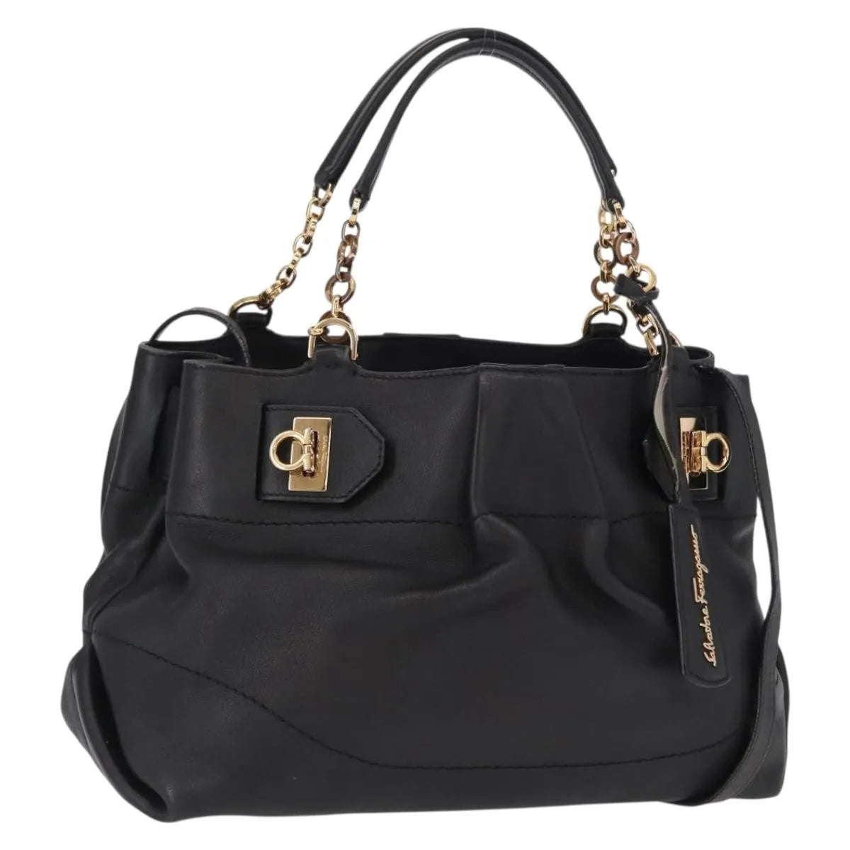 Salvatore Ferragamo W Chain Tote Leather, Black, Leather, Handbag